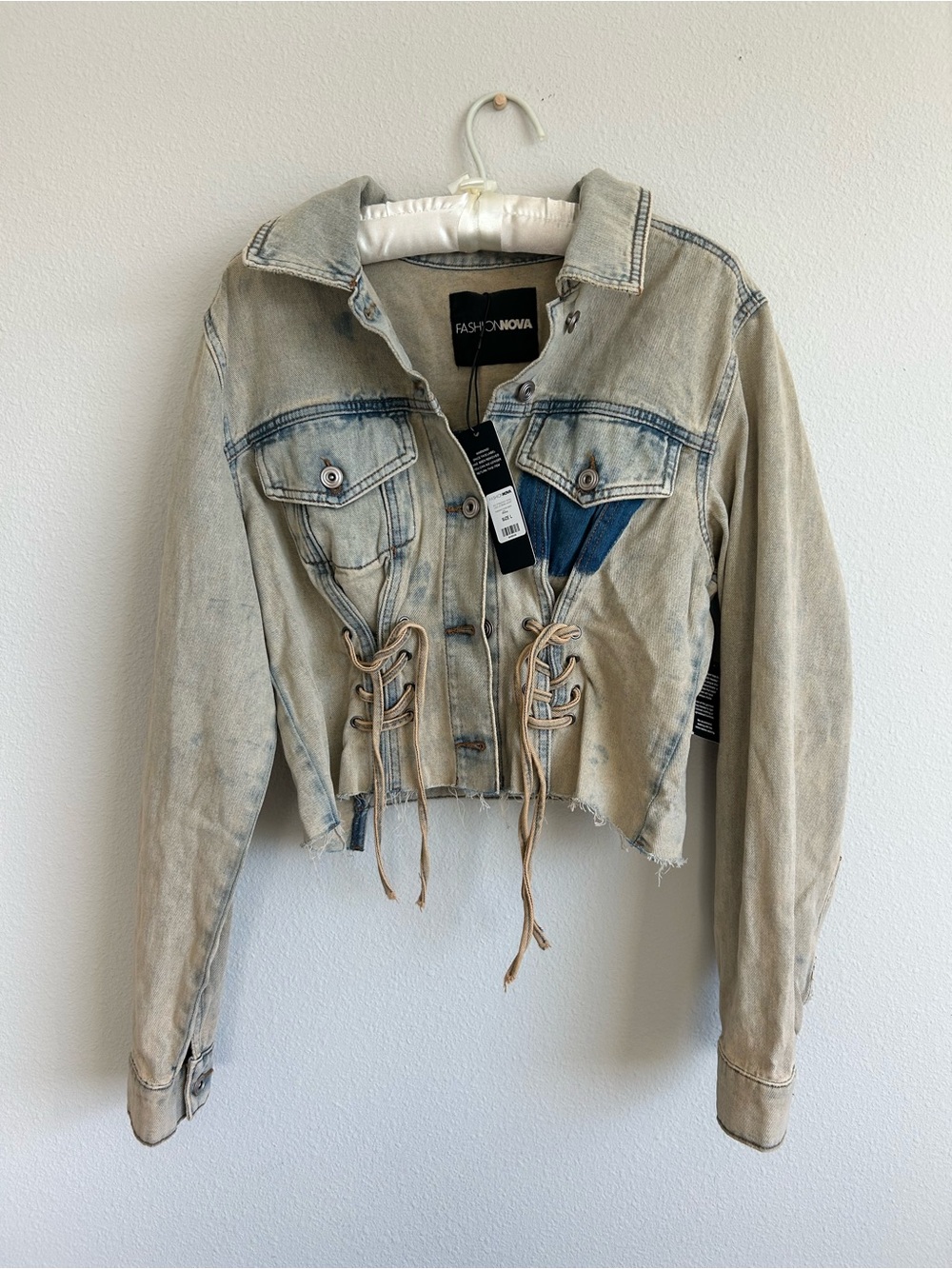 NWT Fashion Nova Washed Beige Cropped Lace Up Denim Jacket